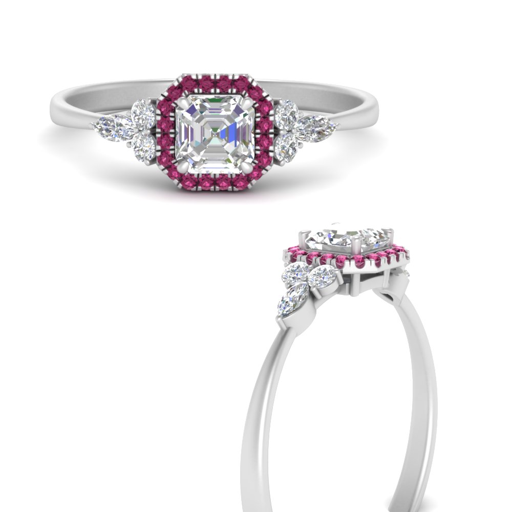 tapered asscher halo pink sapphire engagement ring cluster accent in white gold FD10482ASRGSADRPIANGLE3 NL WG