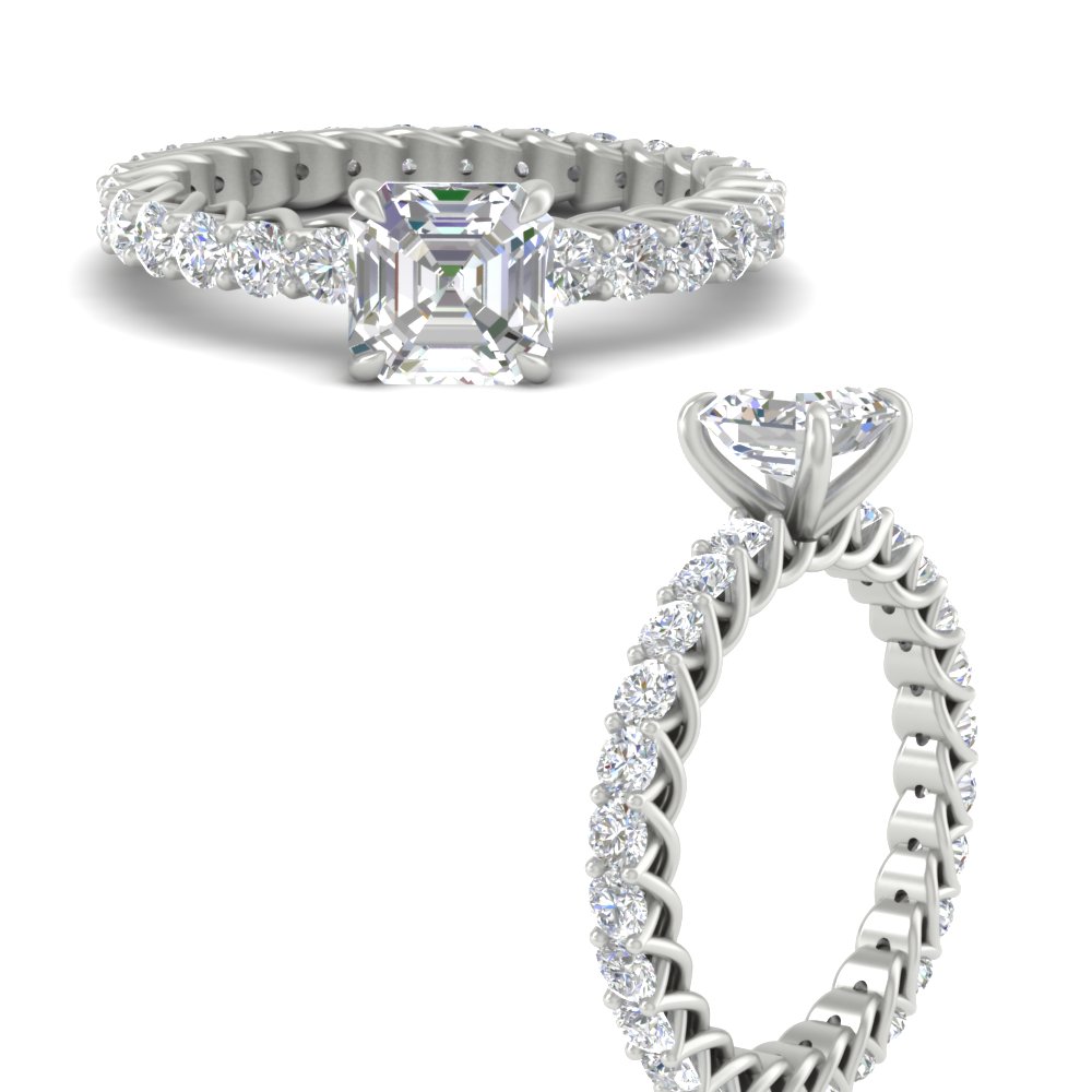 Asscher Cut Diamond 2 Carat Wedding Ring with 14K White Gold White Diamond