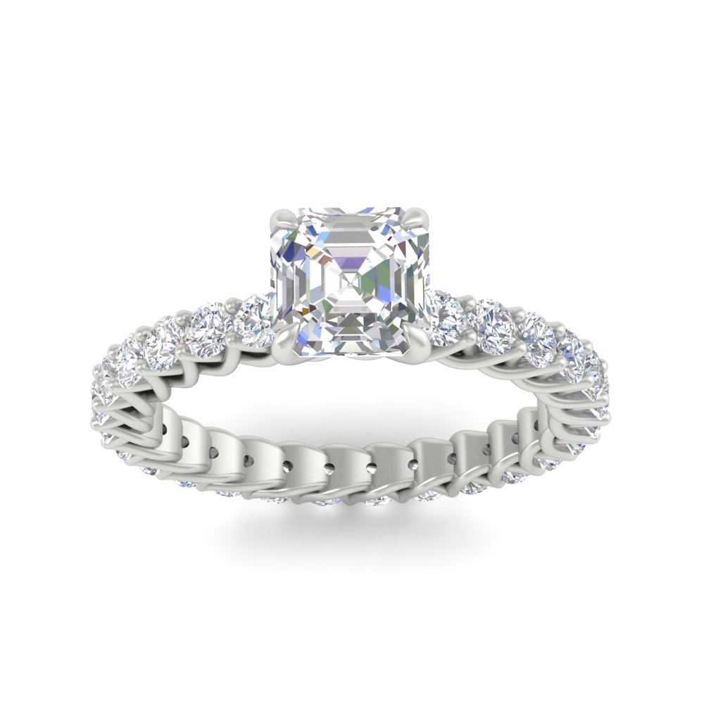 Asscher Cut Diamond 2 Carat Wedding Ring with 14K White Gold White Diamond