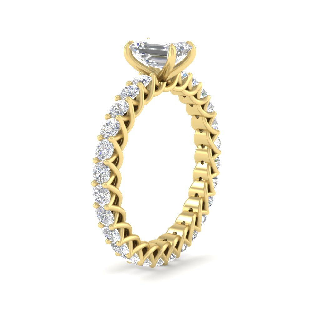 Beautiful Emerald Diamond U Prong Ring with 14K Yellow Gold White Diamond