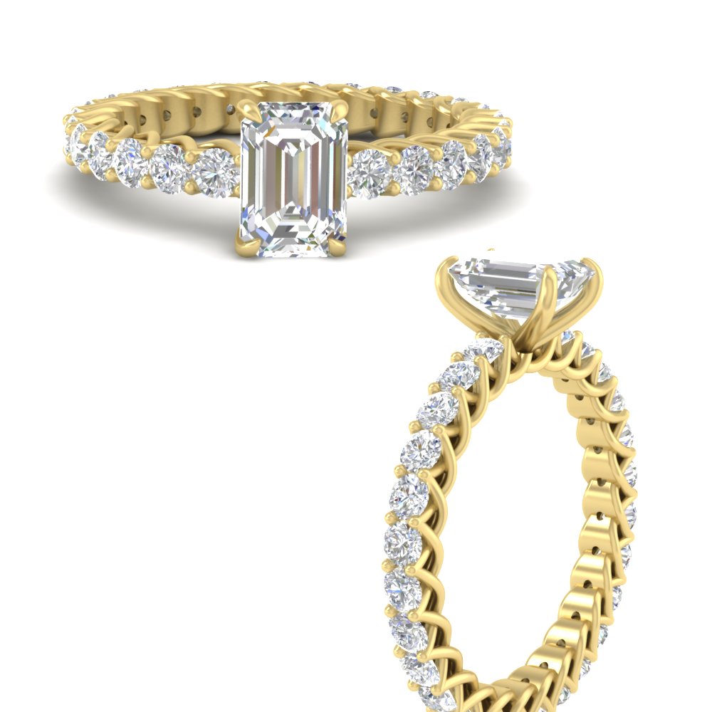 Beautiful Emerald Diamond U Prong Ring with 14K Yellow Gold White Diamond