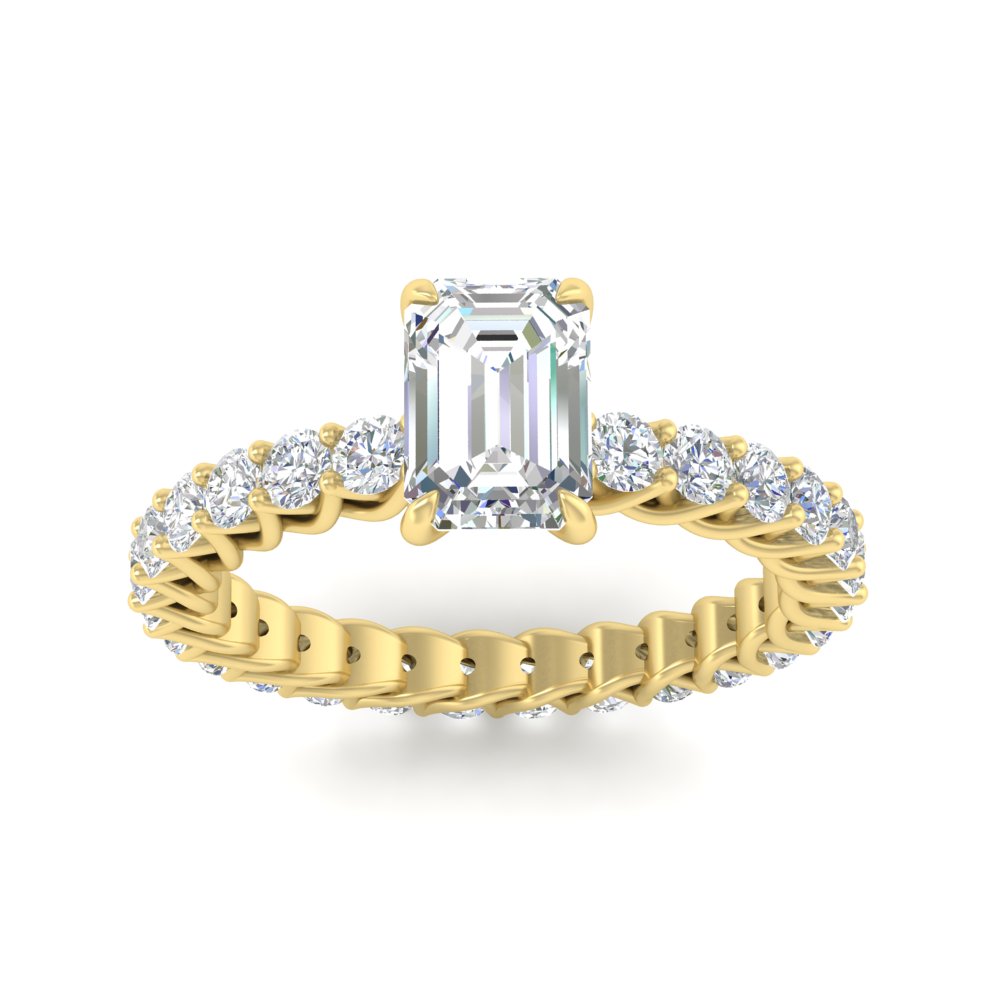 Beautiful Emerald Diamond U Prong Ring with 14K Yellow Gold White Diamond
