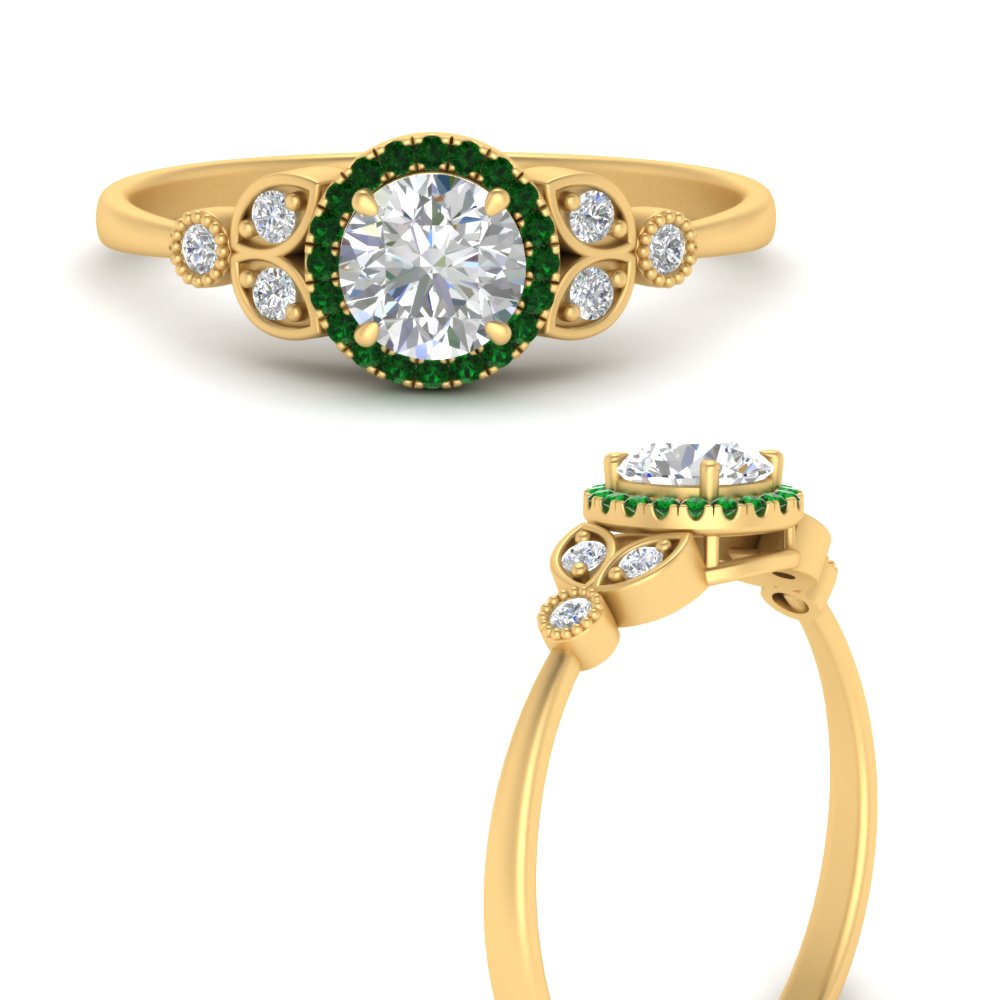 Nature Inspired Halo Emerald Engagement Ring In 18K Yellow Gold ...