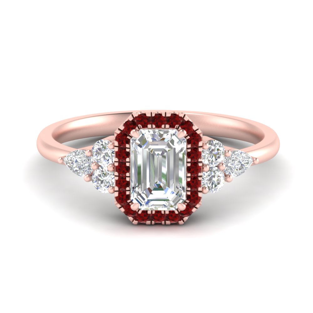 Emerald Shaped  Halo Cluster Accent Diamond Engagement Ring with Red Ruby 14K Rose Gold