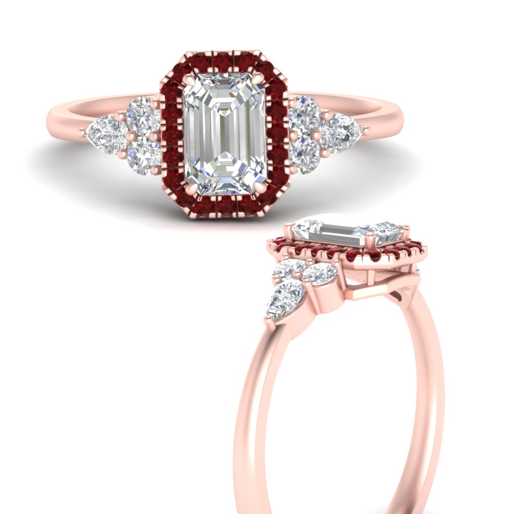 Emerald Shaped  Halo Cluster Accent Diamond Engagement Ring with Red Ruby 14K Rose Gold