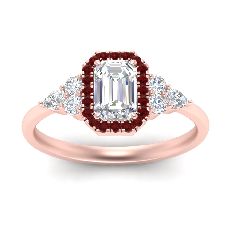 Emerald Shaped  Halo Cluster Accent Diamond Engagement Ring with Red Ruby 14K Rose Gold