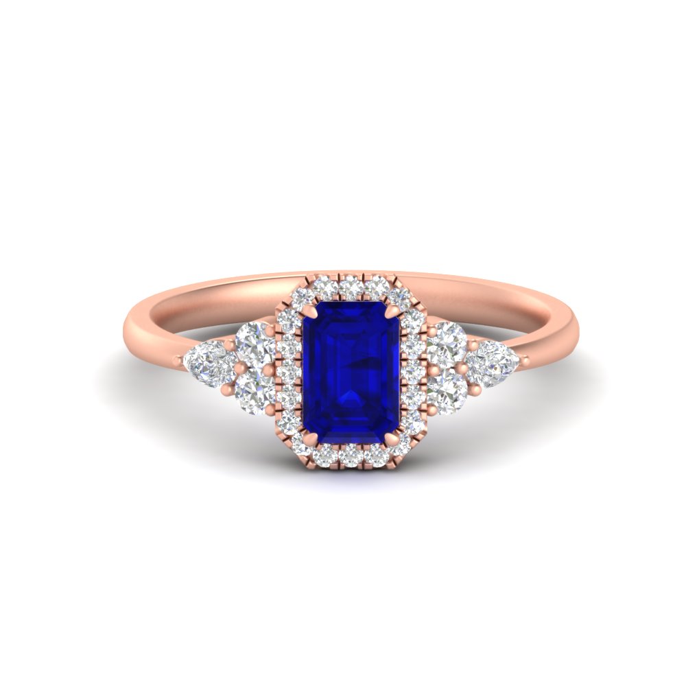 Emerald Halo Gemstone With Trio Accent Engagement Ring with 14K Rose Gold Blue Sapphire
