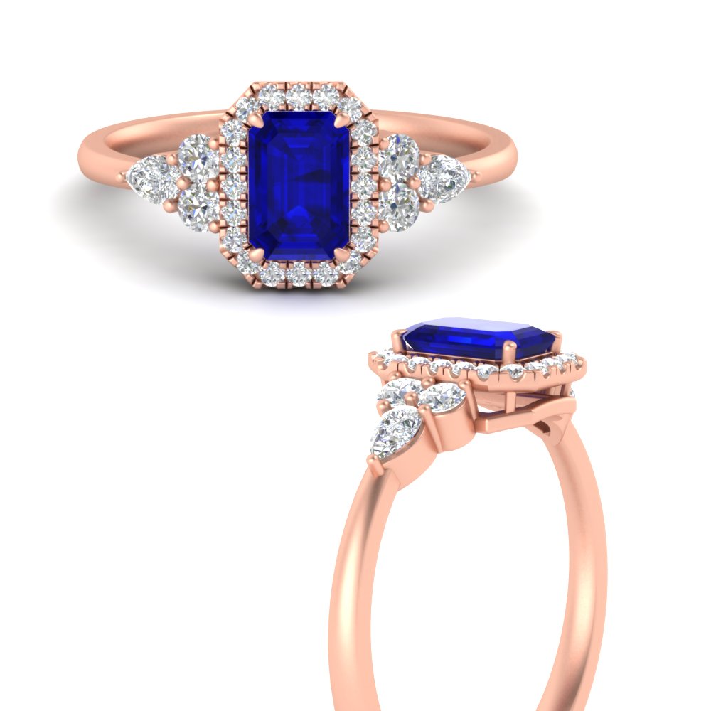 Emerald Halo Gemstone With Trio Accent Engagement Ring with 14K Rose Gold Blue Sapphire