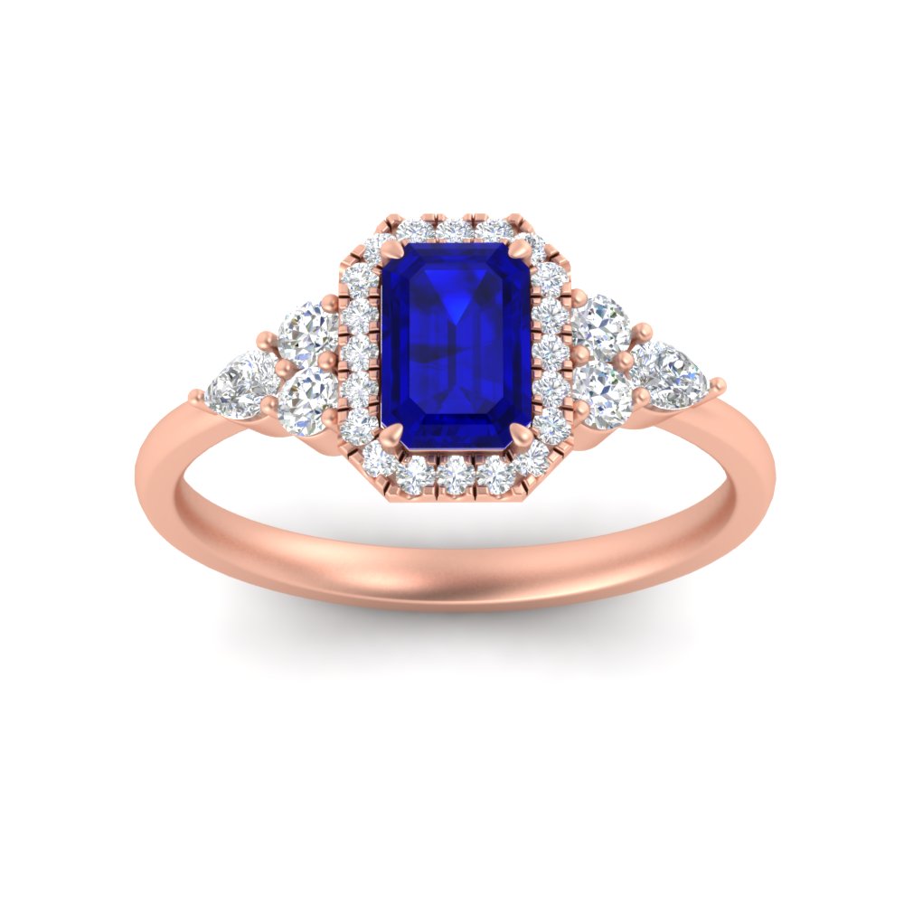 Emerald Halo Gemstone With Trio Accent Engagement Ring with 14K Rose Gold Blue Sapphire