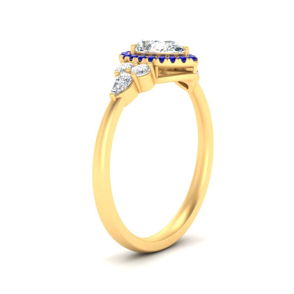 Pear Shaped Halo Cluster Accent Engagement Ring with Blue Sapphire in 18K Yellow Gold