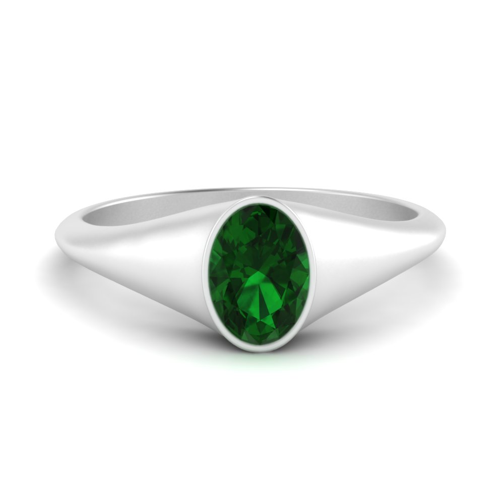 Oval Emerald Signet Ring Women In 14k White Gold 