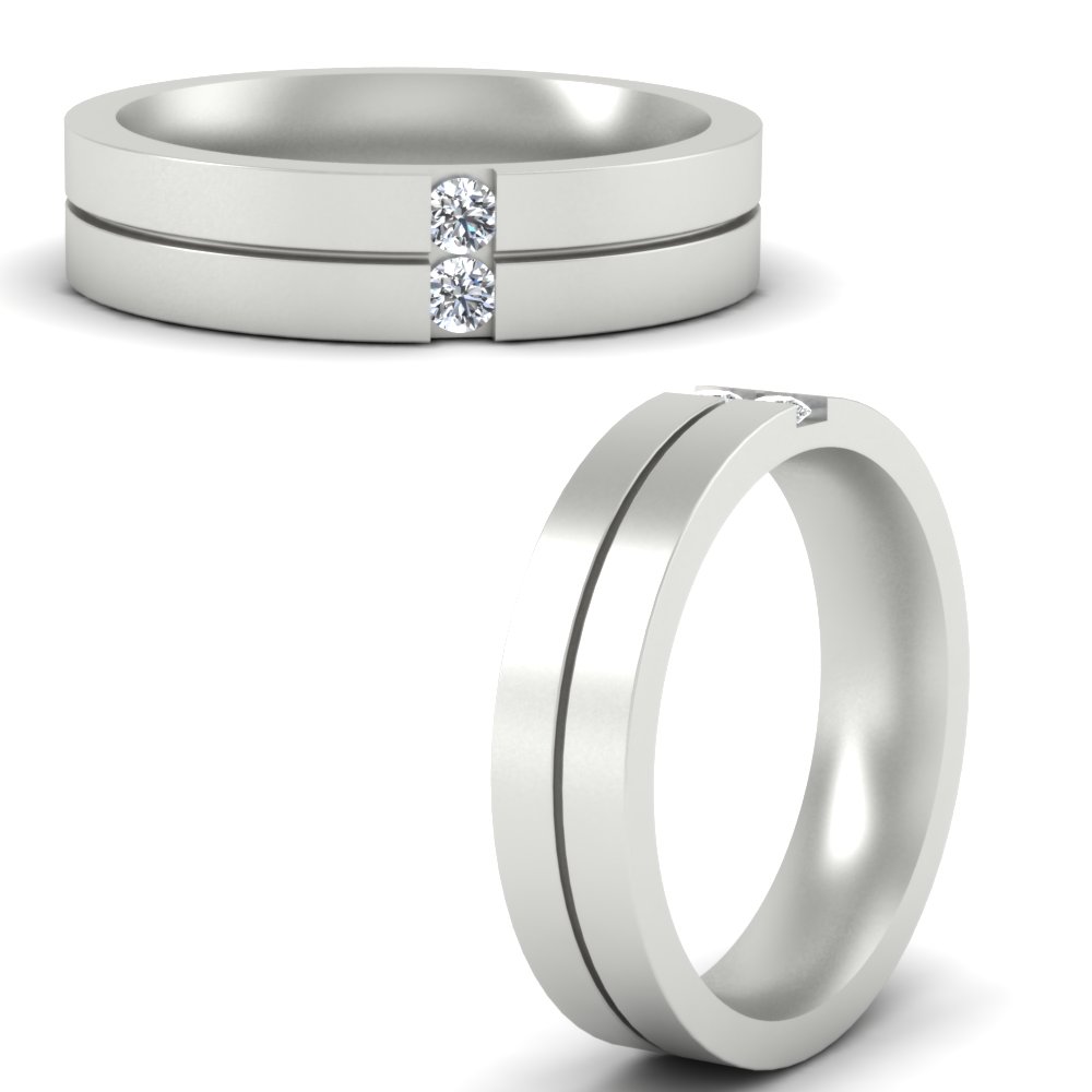 Mens 2 Stone Band with 14K White Gold White Diamond