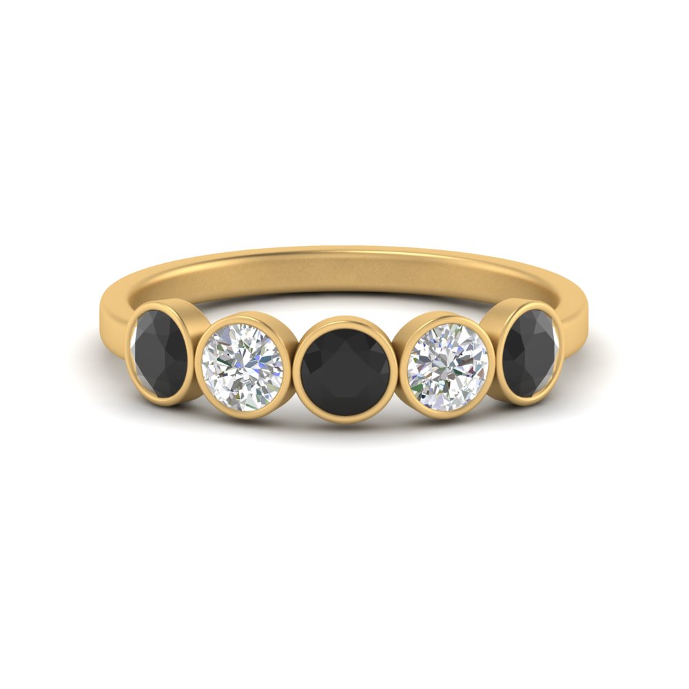 Bezel Set 5 Round Black Diamond Wedding Ring 1 Ct. In 14K Yellow