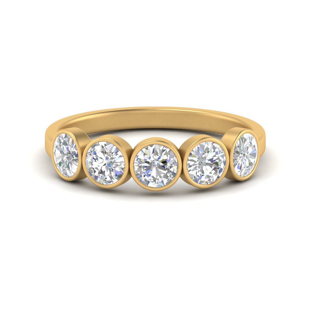 Bezel Set 5 Round Lab Diamond Wedding Ring 1.50 Carat In 14K Yellow Gold