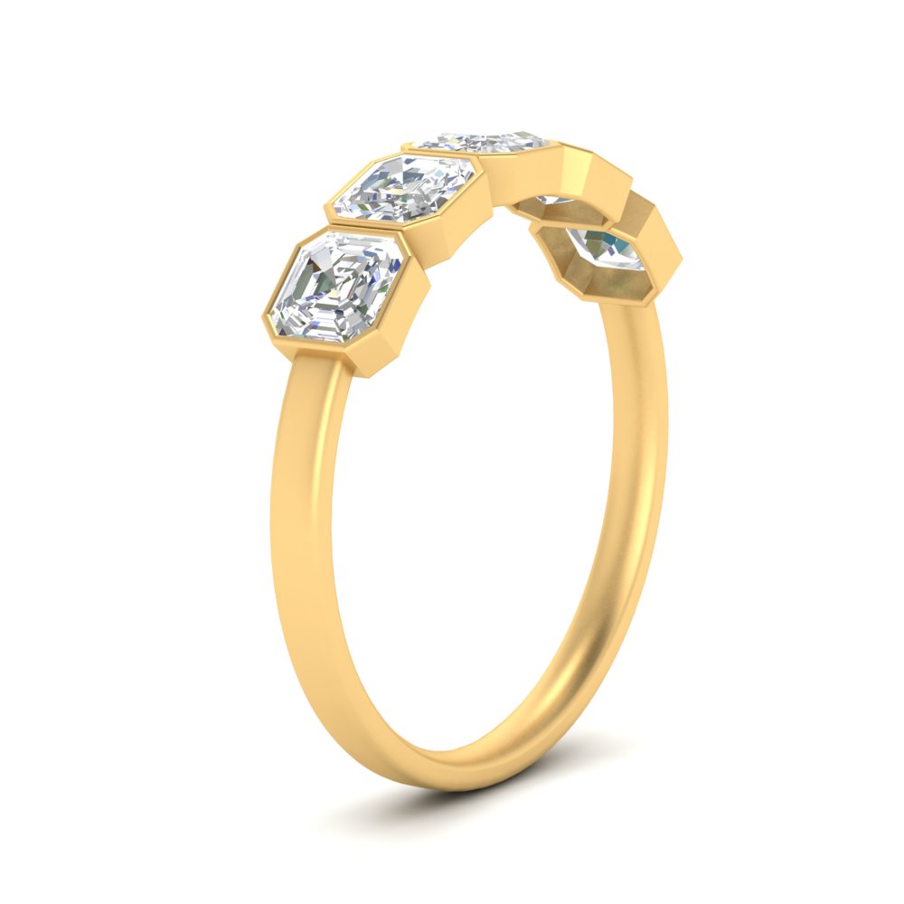 1.50 Carat Asscher Cut Bezel Set 5 Stone Women Ring with 14K Yellow Gold White Diamond
