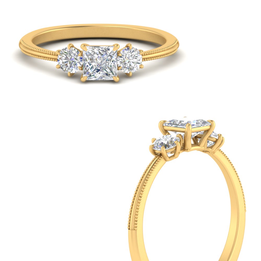 Tapered Band 3 Stone Princess Cut Diamond Engagement Ring In 14K Yellow ...