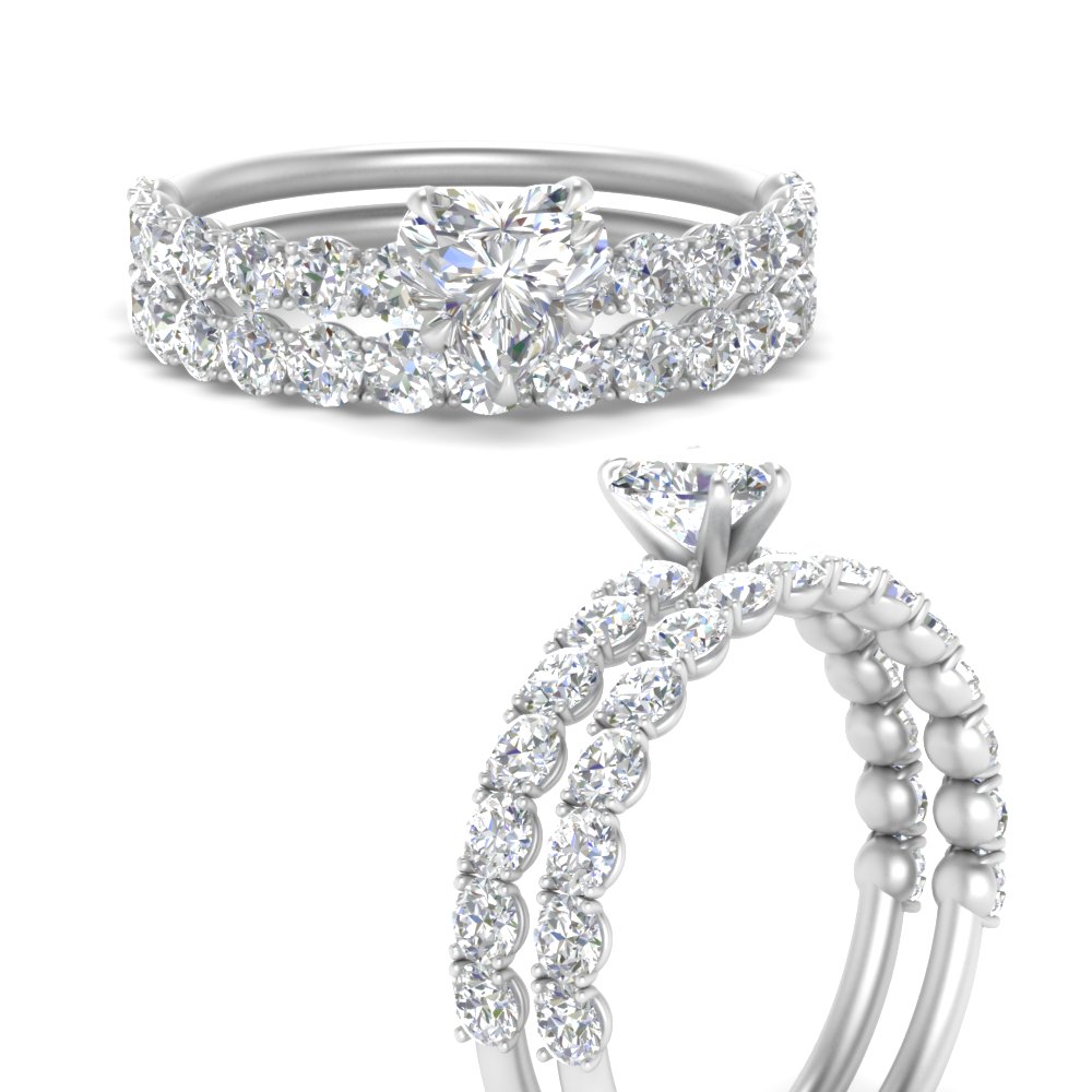 Heart Shaped Diamond Wedding Ring Set With U Prong Setting In 14K White