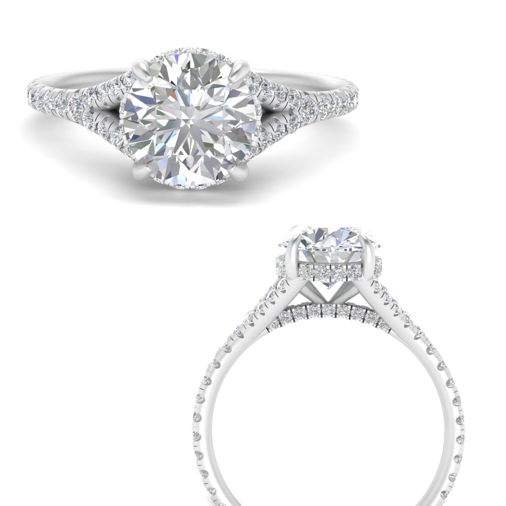 Round Diamond Double Halo Split Shoulder Cathedral Engagement Ring