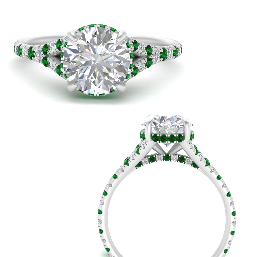 Hidden Halo Round Cut Emerald Side Stone Broad Band Engagement Ring 18kt White Gold (Setting Price) by with Clarity