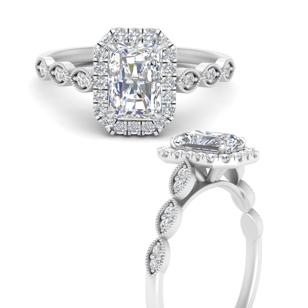 Radiant Cut Milgrain High Set Halo Diamond Ring In K White Gold Fascinating Diamonds