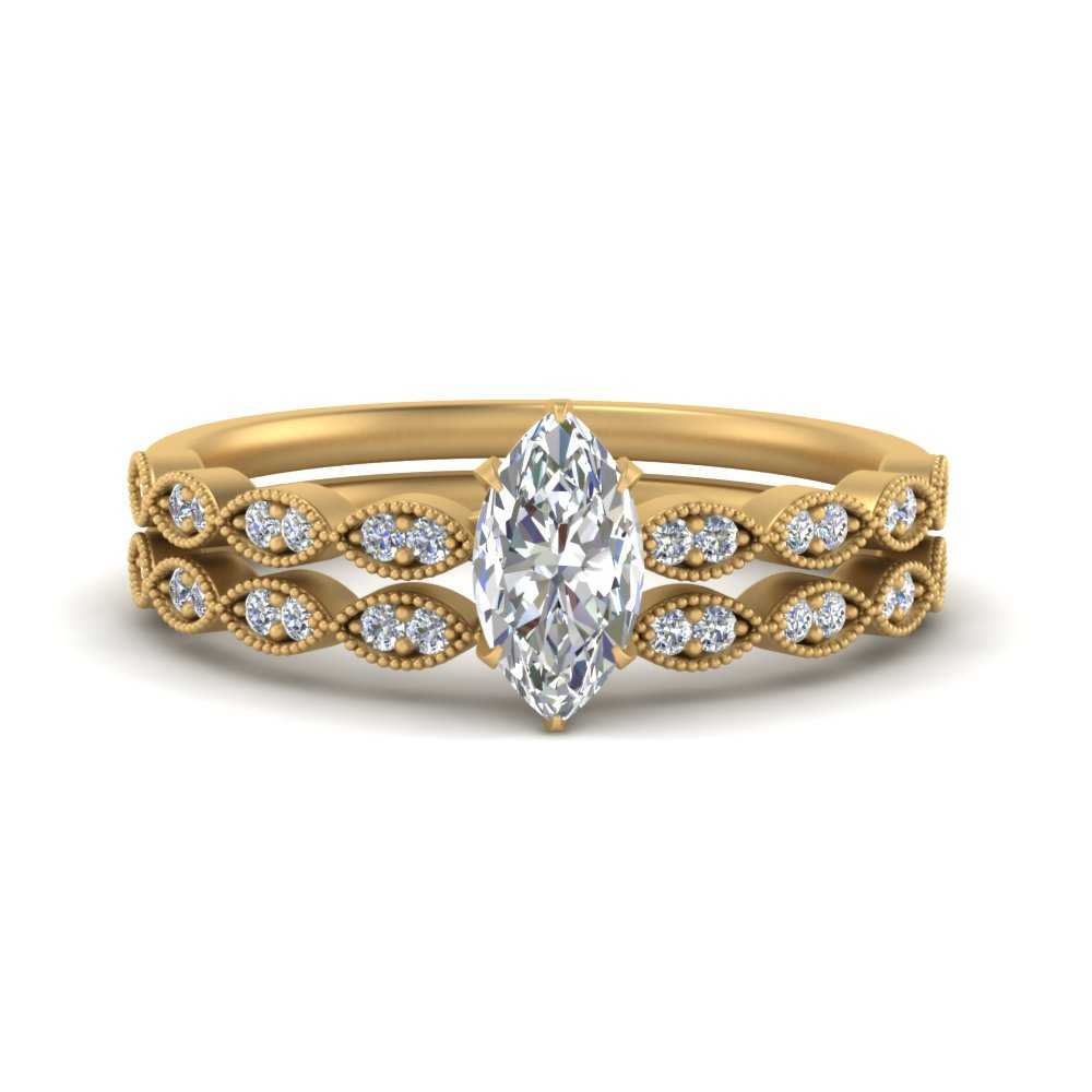 Antique Marquise Cut Delicate Diamond Wedding Ring Set In 14K Yellow Gold