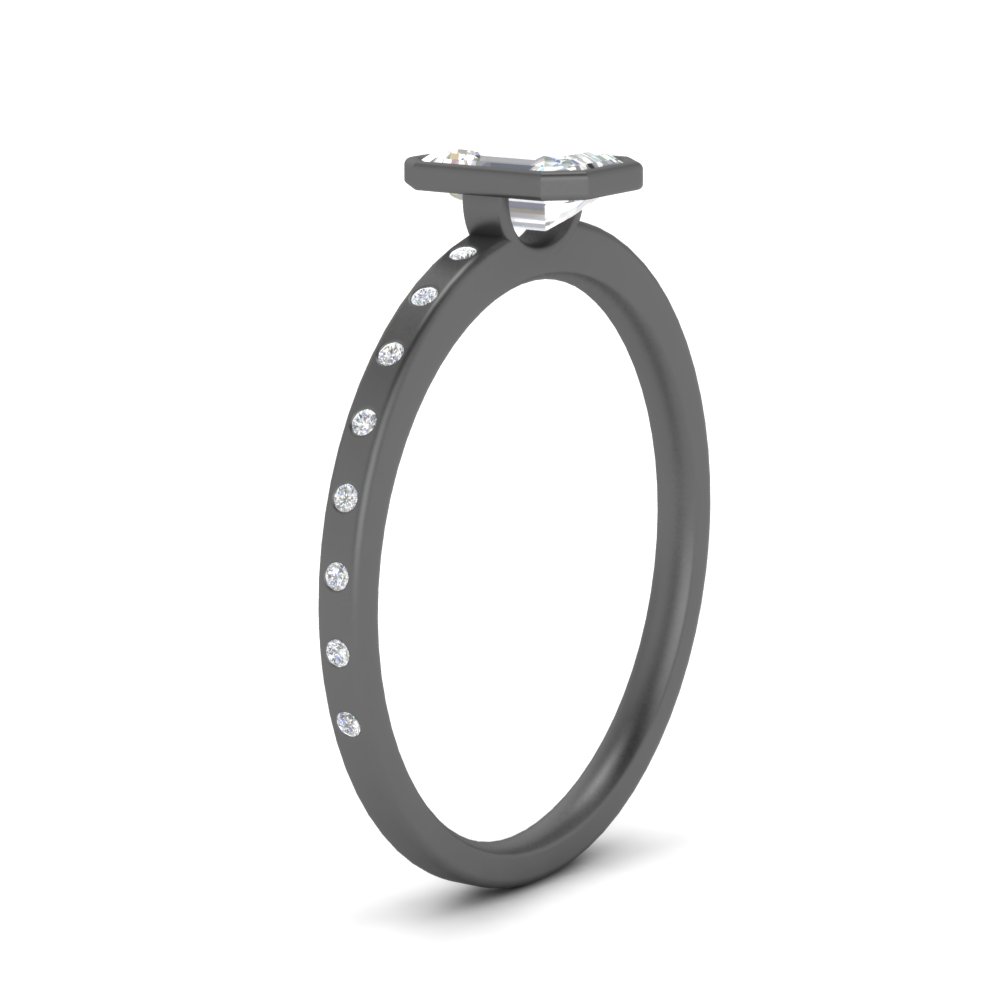 Flush Bezel Setting Emerald Cut Diamond Engagement Ring In 18K Black