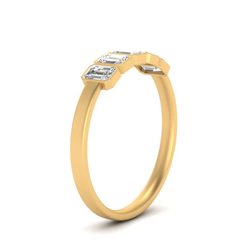 One Carat Emerald Diamond Bezel 5 Stone Ring Setting with 14K Yellow Gold White Diamond