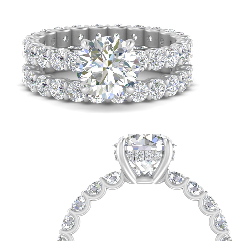 Round Shaped Hidden Halo U Prong Eternity Diamond Wedding Ring Set with White Diamond 14K White Gold