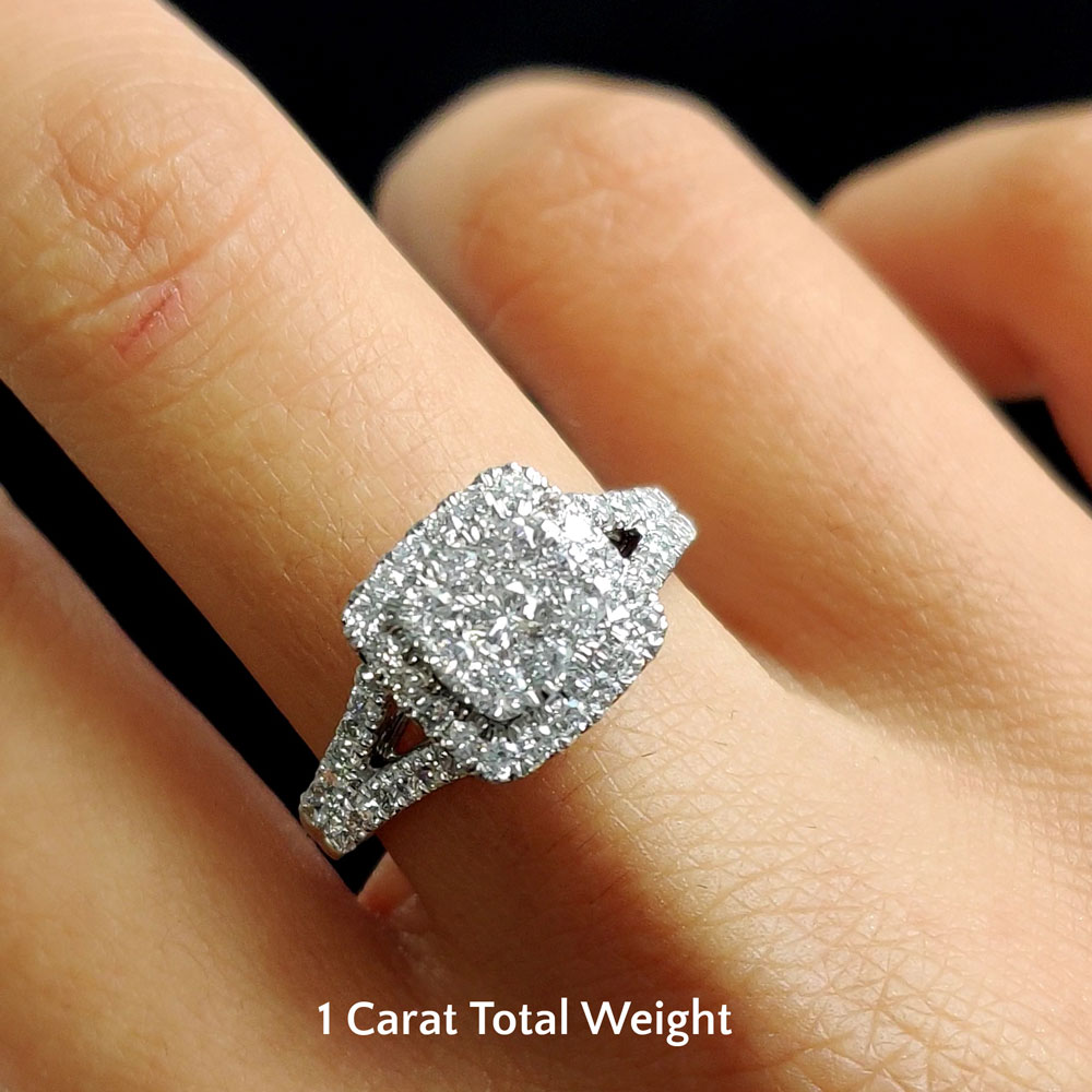 1 Carat Princess Cut Moissanite Engagement Ring - Bridal Set - Double Halo  Ring - Cluster Ring - 18k White Gold Over Silver