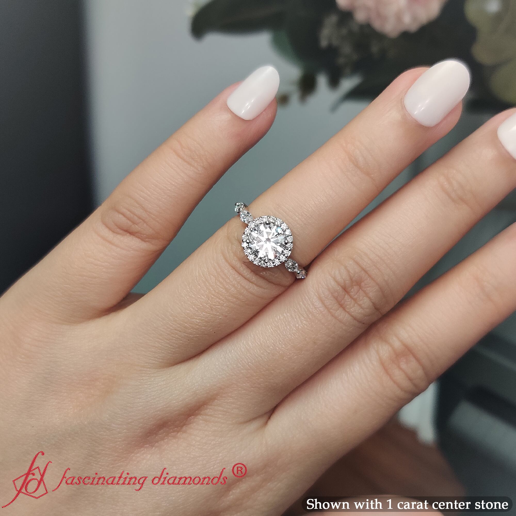 1 carat  round halo marquise accent diamond ring in white gold FD10905RORHAND 1