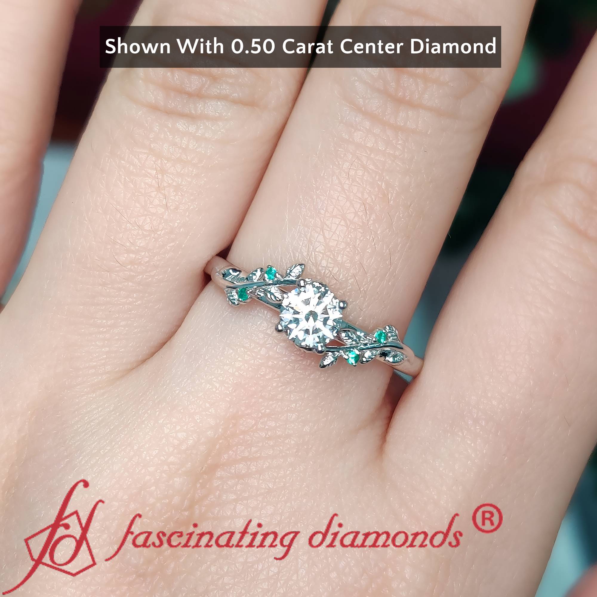 Round Shaped Round Cut Nature Inspired Engagement Ring with Green Emerald in 14K White Gold