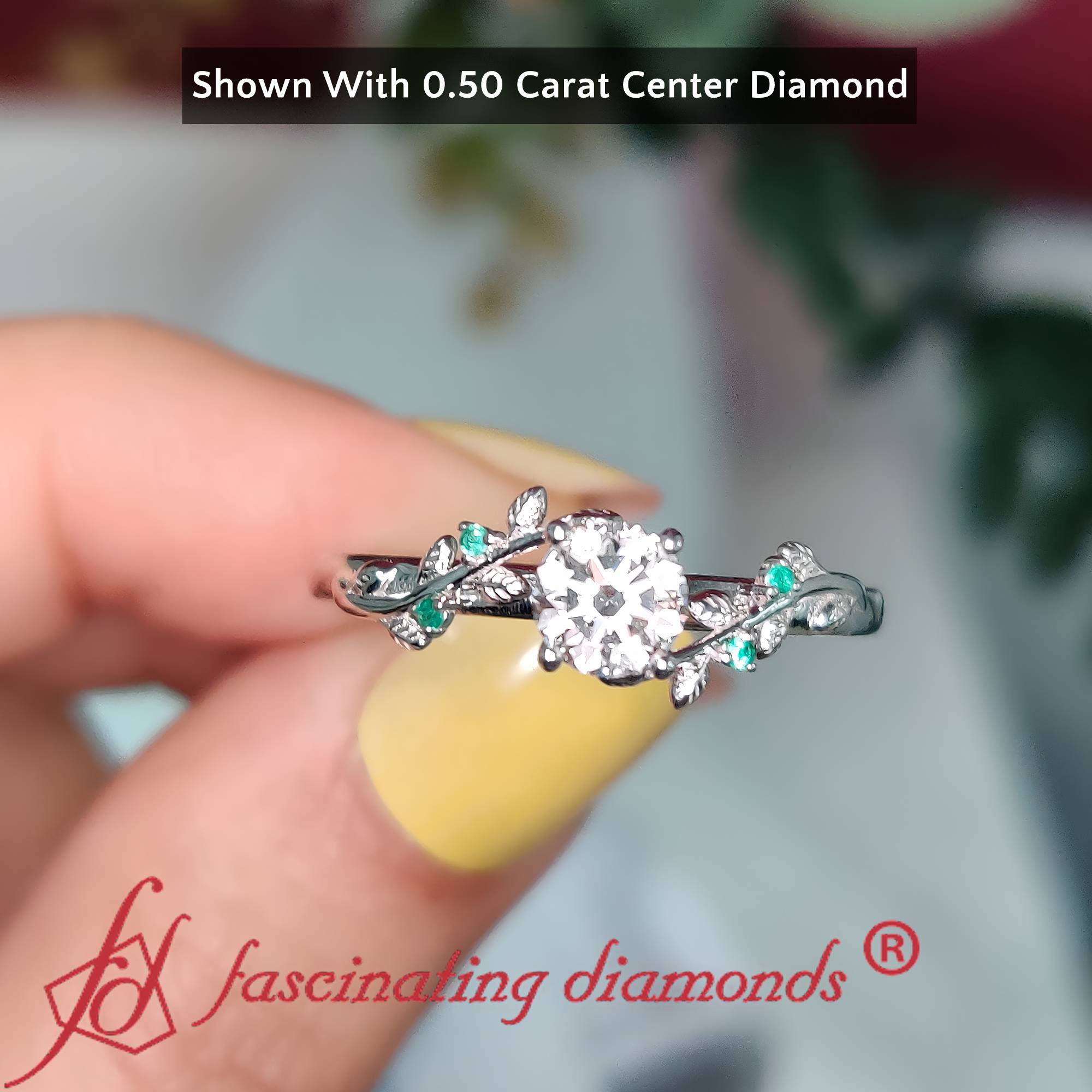 Round Shaped Round Cut Nature Inspired Engagement Ring with Green Emerald in 14K White Gold
