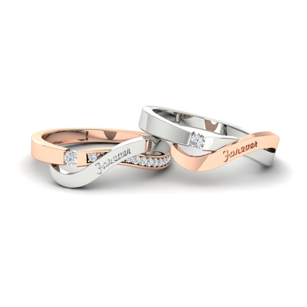 Swirl Engraved Couples Wedding Band with 14K Rose Gold White Diamond