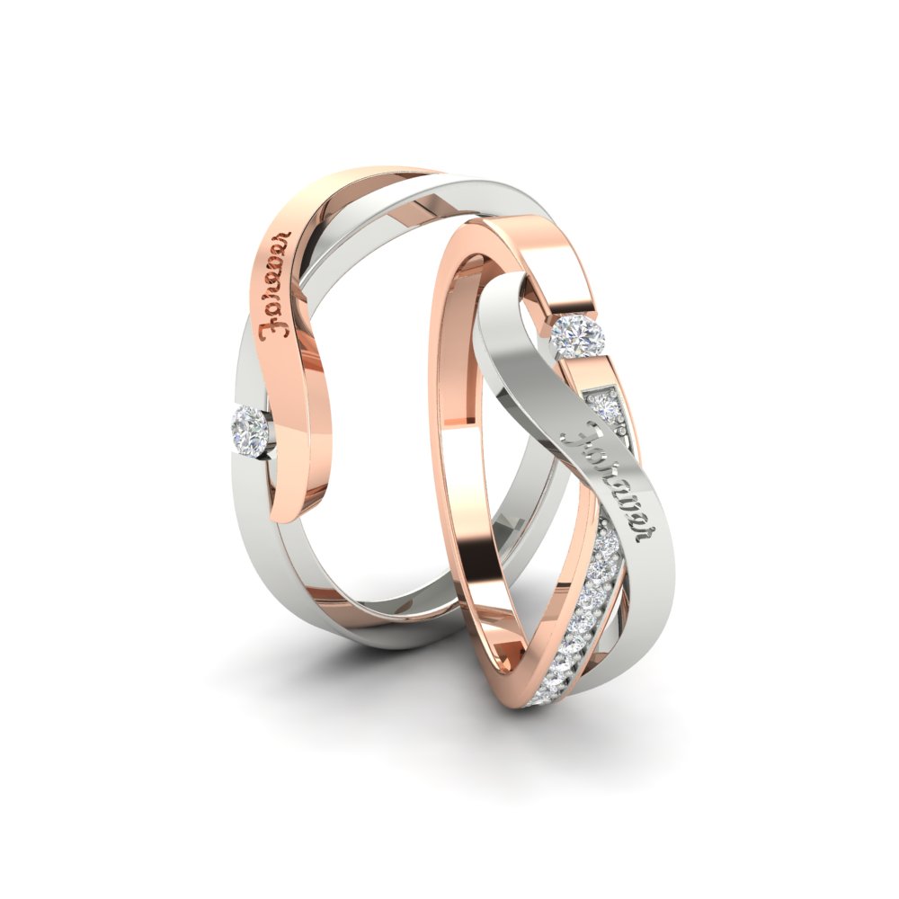 Swirl Engraved Couples Wedding Band with 14K Rose Gold White Diamond