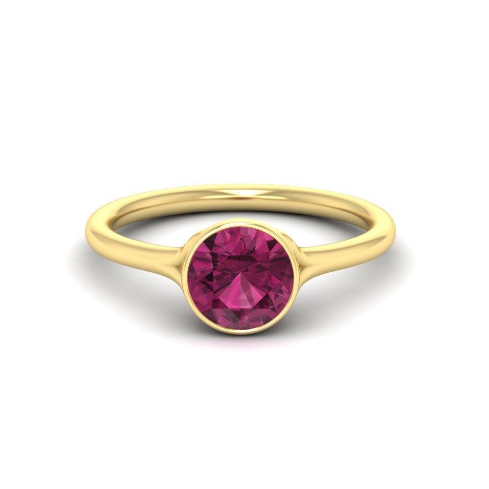 Bezel Set Split Shank Round Cut Solitaire Gemstone Ring with 14K Yellow Gold Pink Sapphire