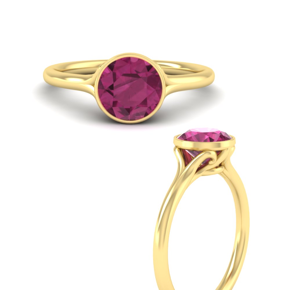 Bezel Set Split Shank Round Cut Solitaire Gemstone Ring with 14K Yellow Gold Pink Sapphire