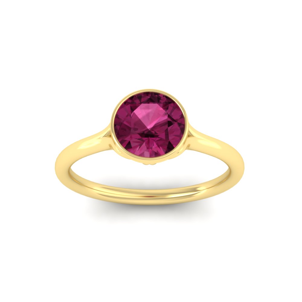 Bezel Set Split Shank Round Cut Solitaire Gemstone Ring with 14K Yellow Gold Pink Sapphire