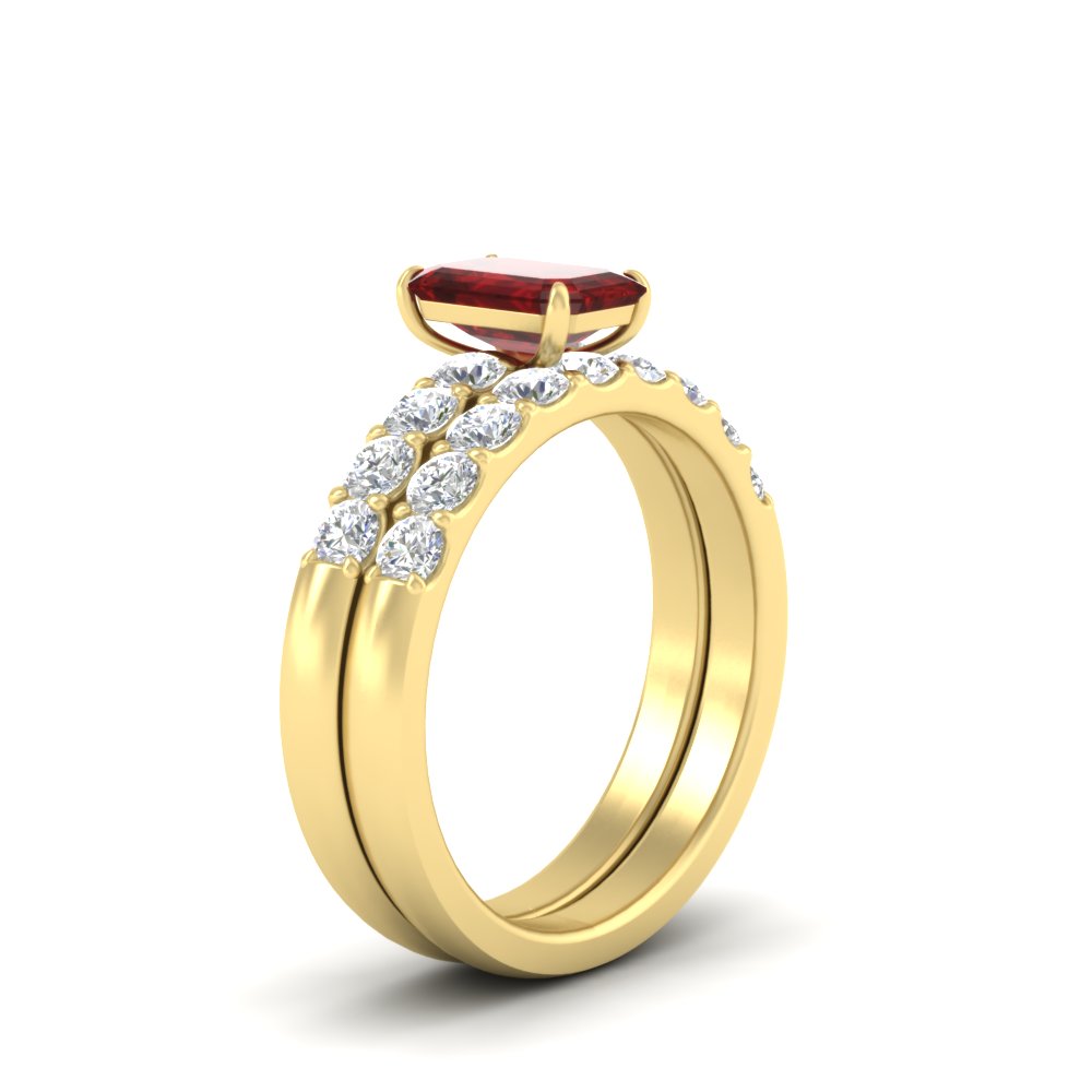 Emerald Solitaire Bridal Ring Set with Diamond Accents with 14K Yellow Gold Red Ruby