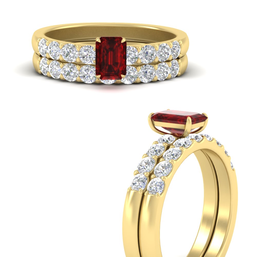 Emerald Solitaire Bridal Ring Set with Diamond Accents with 14K Yellow Gold Red Ruby