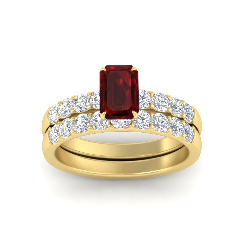 Emerald Solitaire Bridal Ring Set with Diamond Accents with 14K Yellow Gold Red Ruby
