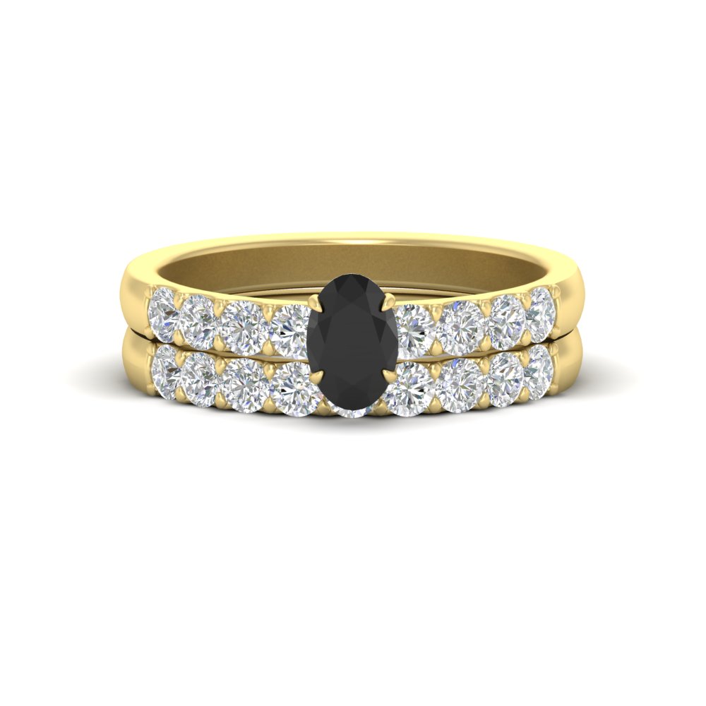 Oval Solitaire Bridal Ring Set with Diamond Accents with 14K Yellow Gold Black Diamond