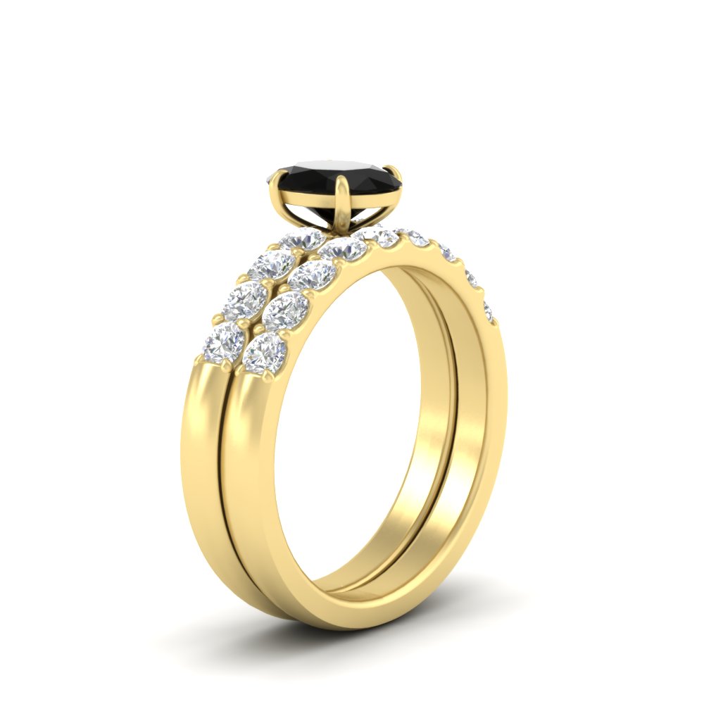 Oval Solitaire Bridal Ring Set with Diamond Accents with 14K Yellow Gold Black Diamond