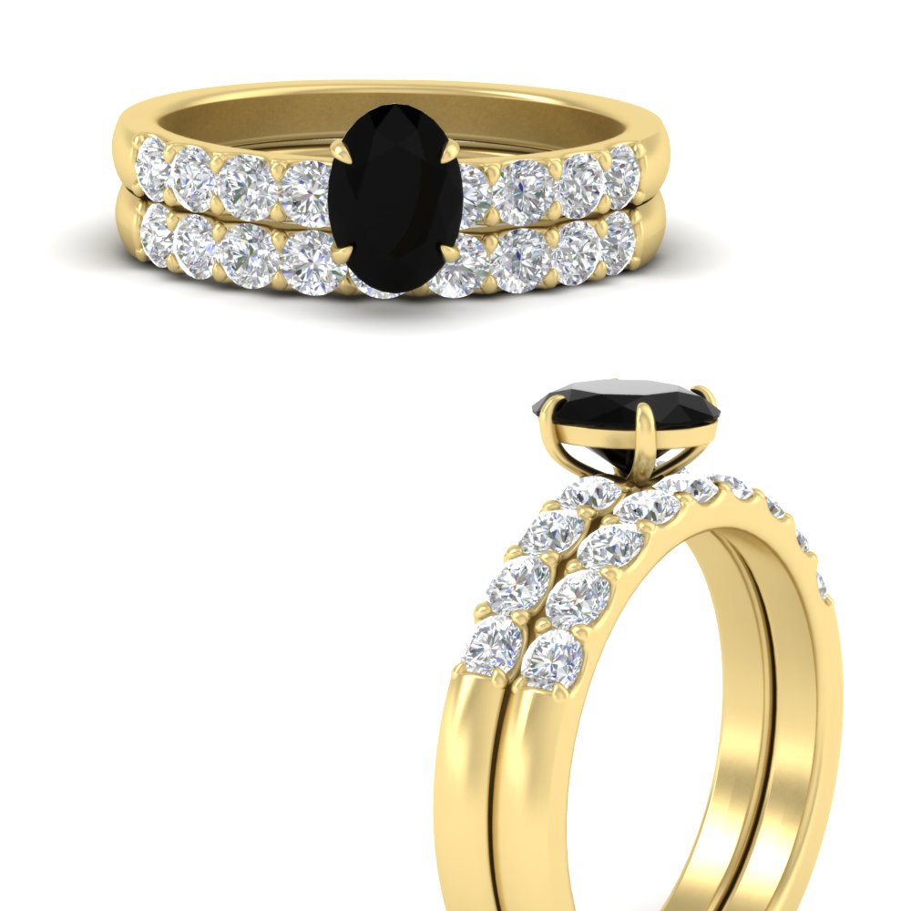 Oval Solitaire Bridal Ring Set with Diamond Accents with 14K Yellow Gold Black Diamond