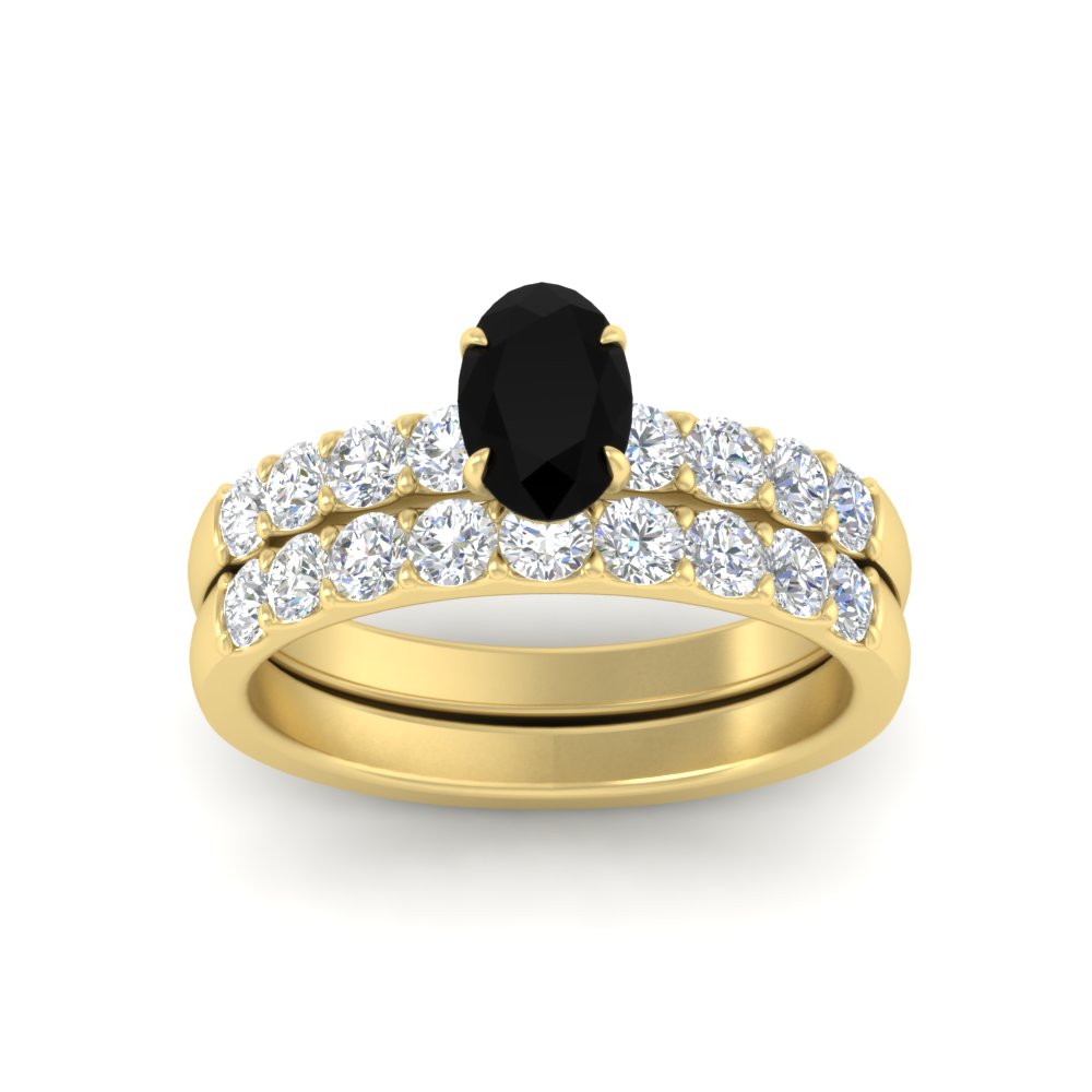 Oval Solitaire Bridal Ring Set with Diamond Accents with 14K Yellow Gold Black Diamond