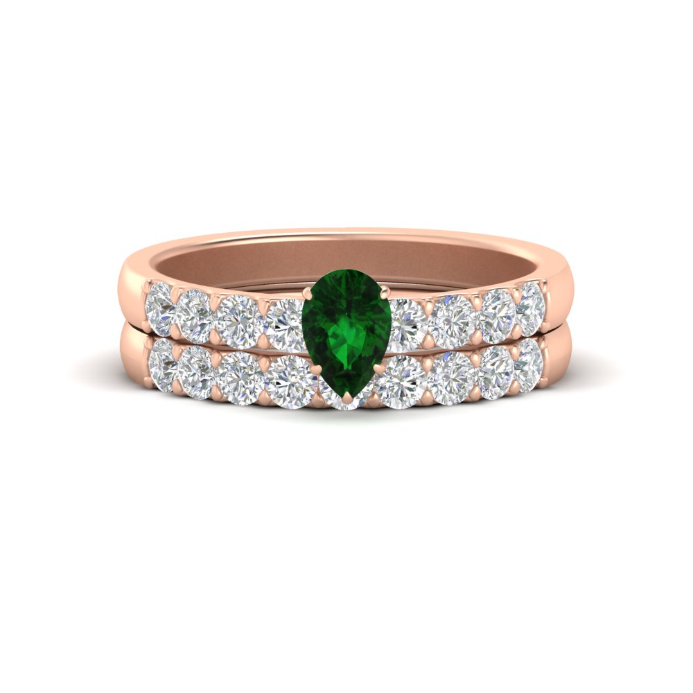 Pear Solitaire Bridal Ring Set with Diamond Accents with 14K Rose Gold Green Emerald