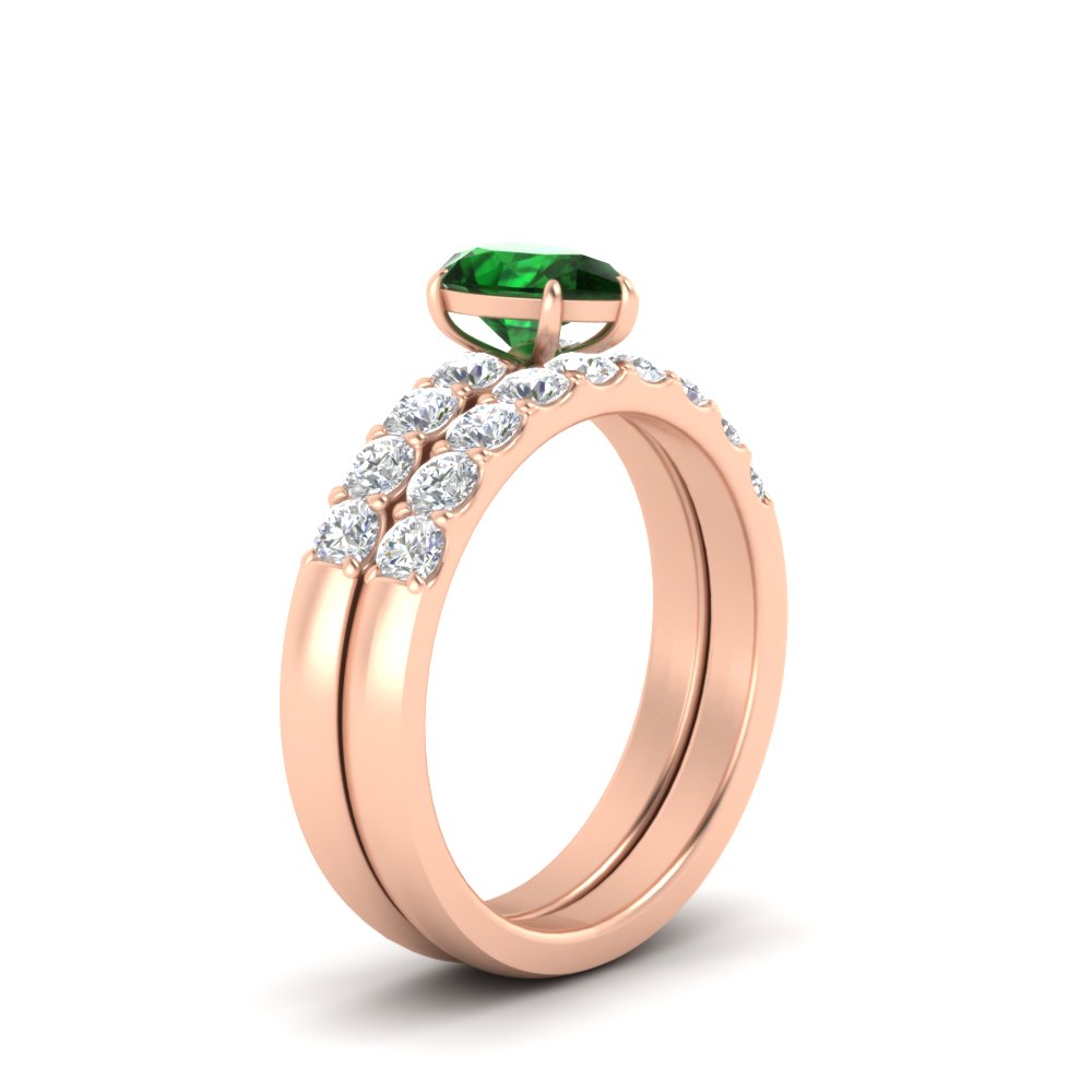 Pear Solitaire Bridal Ring Set with Diamond Accents with 14K Rose Gold Green Emerald