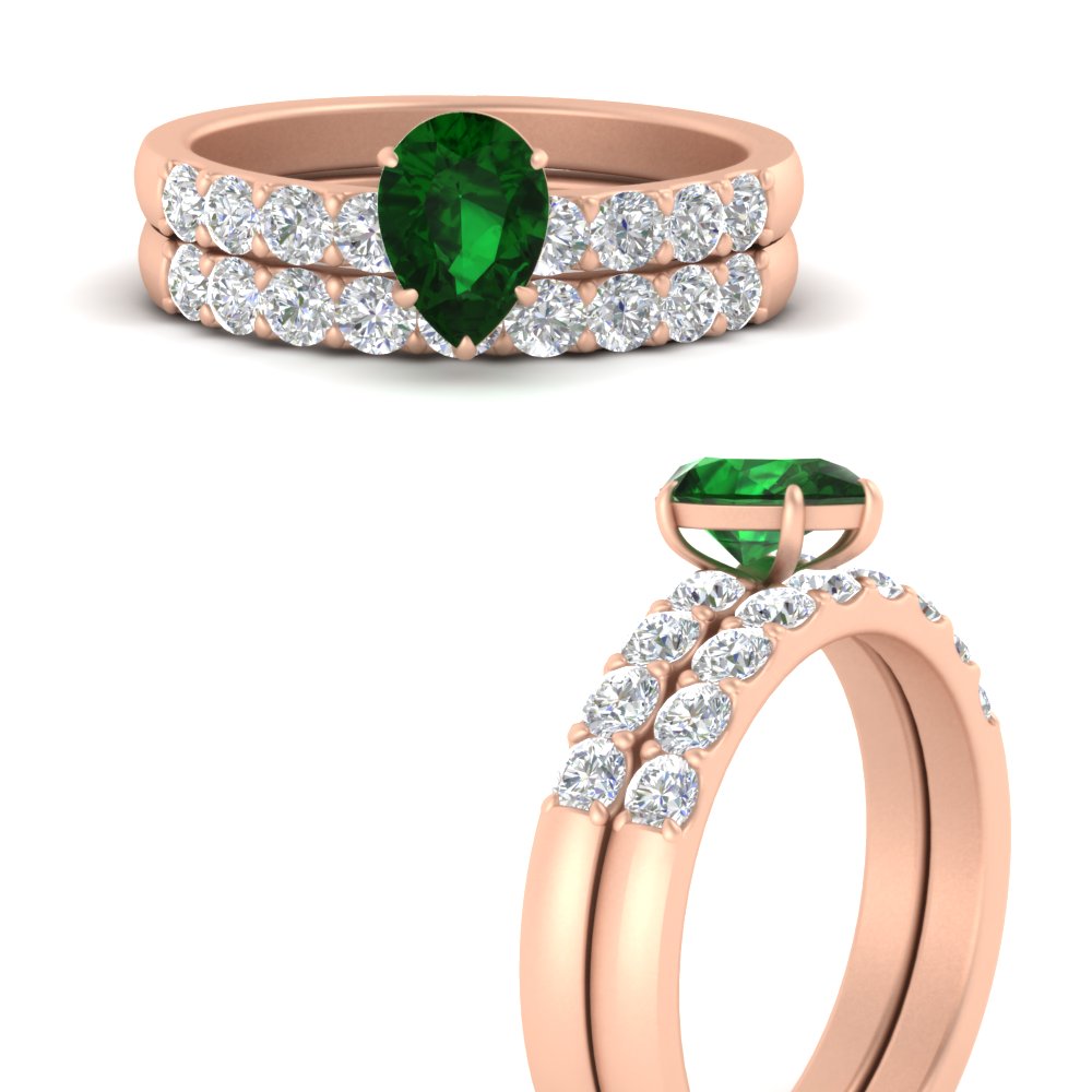 Pear Solitaire Bridal Ring Set with Diamond Accents with 14K Rose Gold Green Emerald
