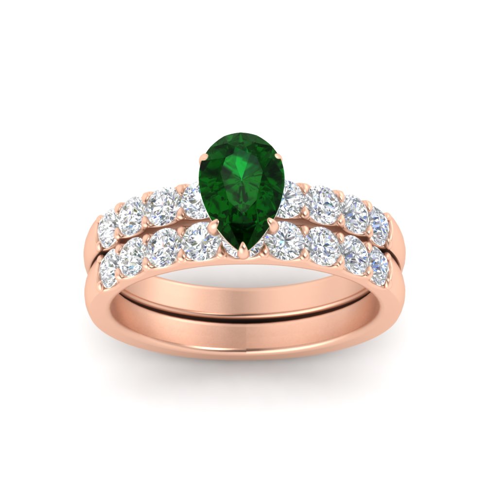 Pear Solitaire Bridal Ring Set with Diamond Accents with 14K Rose Gold Green Emerald