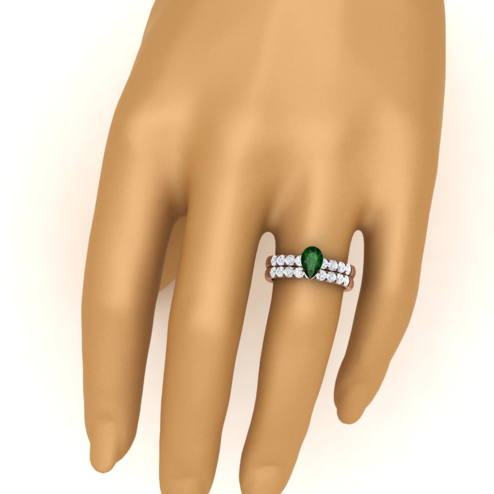 Pear Solitaire Bridal Ring Set with Diamond Accents with 14K Rose Gold Green Emerald