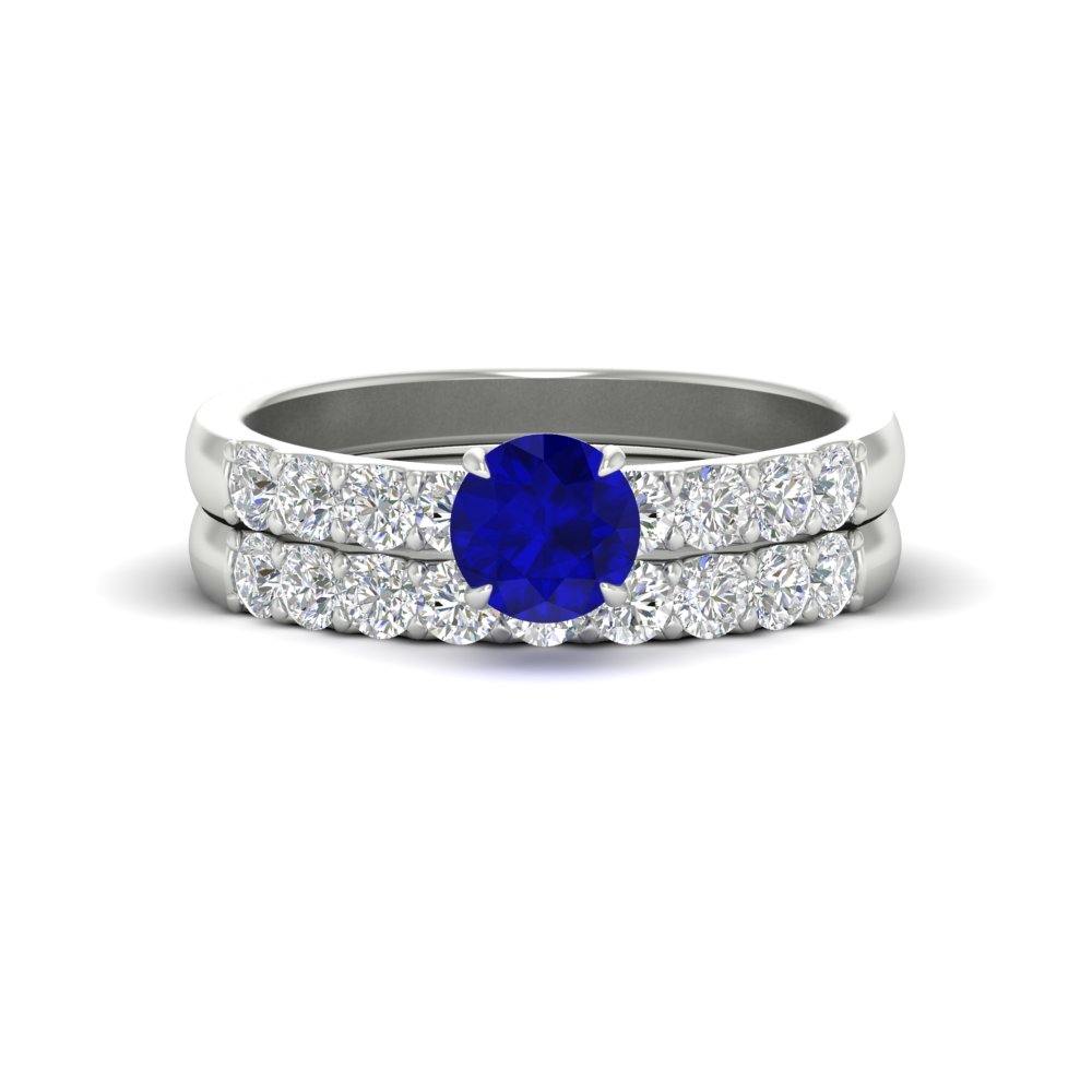 Round Solitaire Bridal Ring Set with Diamond Accents with 14K White Gold Blue Sapphire